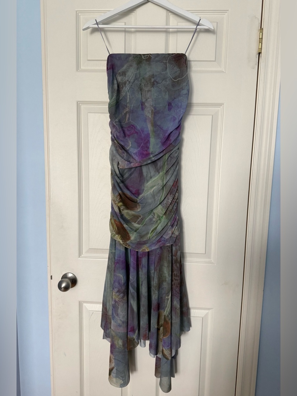 Dynamite Ruched Mesh Strapless Purple Patterned Maxi Dress